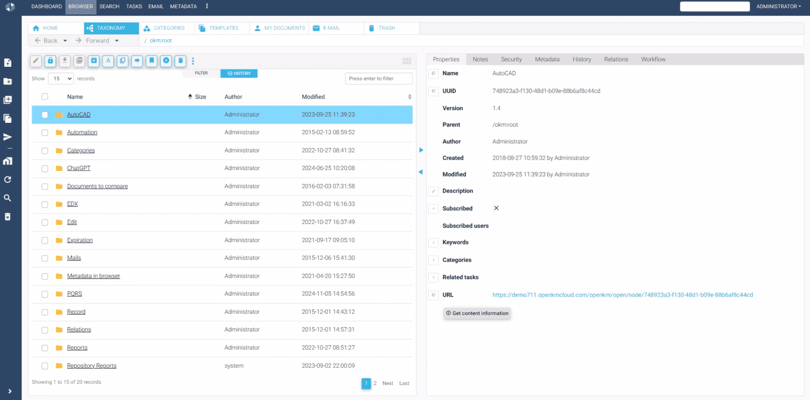 OpenKM Interface – Document Management with Metadata and Access Controls OpenKM user interface displaying document management features, including folders, metadata, and access controls.