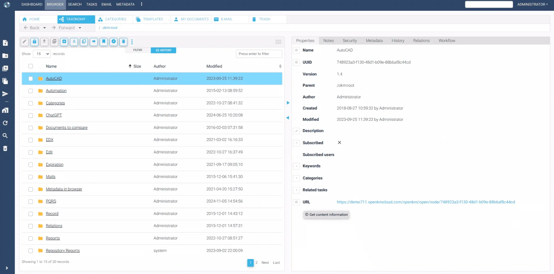 OpenKM Interface – Document Management with Metadata and Access Controls OpenKM user interface displaying document management features, including folders, metadata, and access controls.