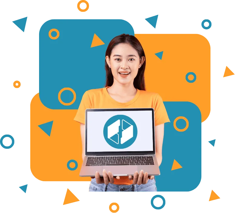 OpenKM – Digital Transformation & Smart Document Management Smiling woman holding a laptop displaying the OpenKM logo, representing digital transformation and smart document management.